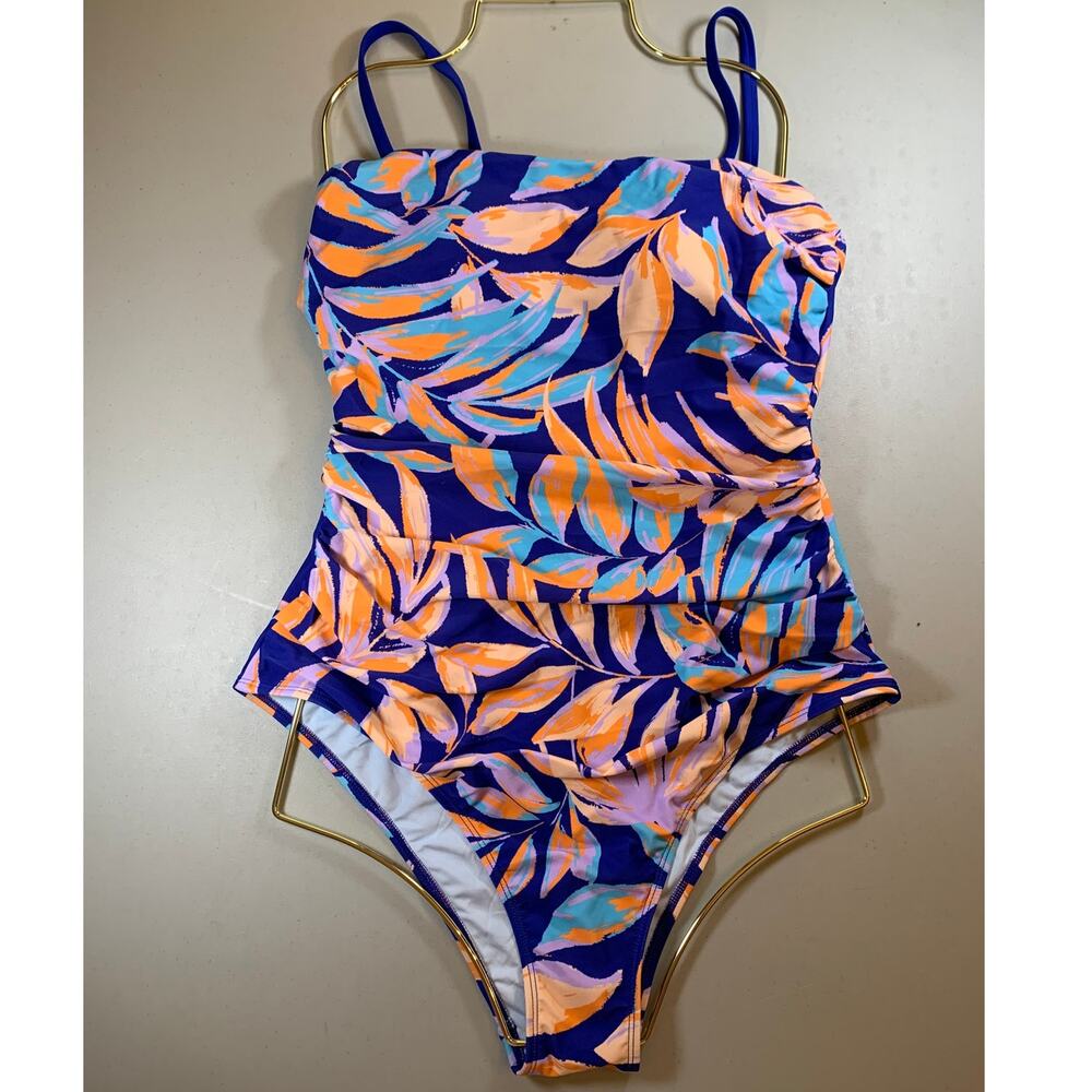 NWT Cupshe Blue Orange Leaf Print One Piece Bathing Suit Size Large
